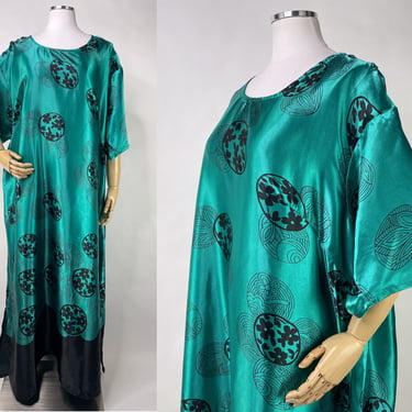Vintage Turquoise & Black Shiny Silky Asian Inspired Print 1960s Style Kaftan Muumuu Dress by Ashro XL-XXXL | Tassels, Queen Size, Regal 