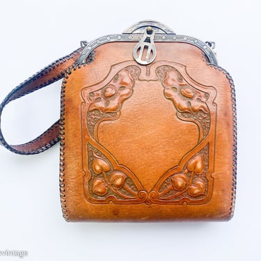 1920s Tooled Leather Handbag | 20s Brown Tooled Leather Purse 