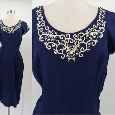 Vintage 50s Jerry Gilden Spectator Blue Short Sleeve Wiggle Dress - FIfties Small Bombshell Dress 