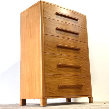 Vintage 1930s White Mahogany Tall Chest With Hand Stitched Leather Wrapped Drawer Pulls by Widdicomb 