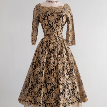 Rare 1950's Jacques Heim Cocktail Dress In Black Net and Gold Thread Lace / M