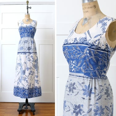 vintage 1970s 80s Hawaiian maxi dress • full length blue & white floral batik print cotton sundress 