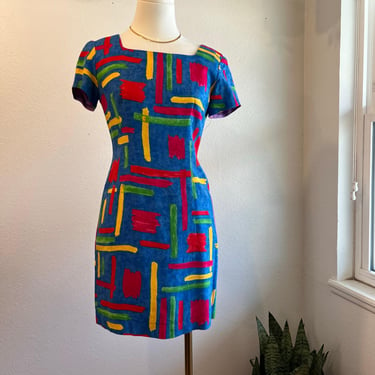 Vintage Primary Colors Abstract Print Short Sleeve Mini Dress Size Small 