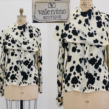 80s 90s Animal Print Silk Shirt Valentino Print Silk Shirt Medium// Black White Dalmatian Print Silk Animal Print Shirt Long Sleeve Top 