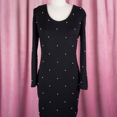 Vintage 1980s Black Bodycon Scoop Neck Sheath Dress Embellished with Pearls! 