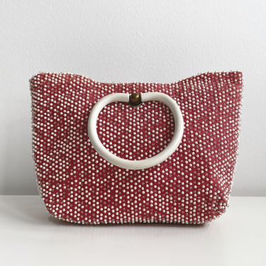 Pink Beaded Bag with White Plastic Handles