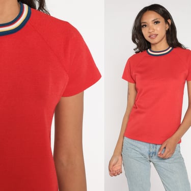70s Ringer Tee Red Raglan Shirt Retro T-Shirt Basic Plain Mod Hippie Casual Blouse Short Sleeve Top Seventies Vintage 1970s Extra Small xs 