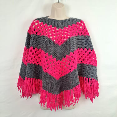 Vintage 70s Hot Pink & Grey Crochet Poncho 