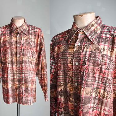 Vintage 1970s Brown Paisley and Plaid Button Down Shirt / Vintage Disco Shirt / Brown 70s Shirt / 1970s Menswear / Vintage Trippy Shirt 