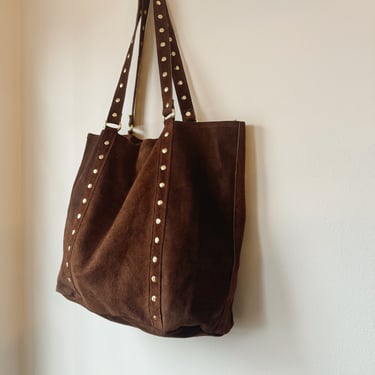 Italian Studded Suede Leather Tote Bag in Chocolate