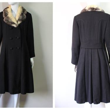 Vintage 1960s Black Wool Knit princess Coat with cross mink collar Fit and Flare // Size Small Medium // US 6 8 