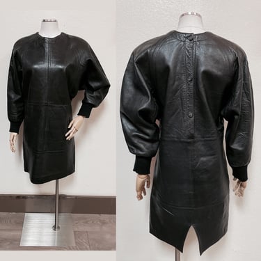 1980s Black Leather Dolman Long Sleeve Dress w Button Back by DYNASTY | Vintage, Retro, Rock N Roll, Rockstar, Awesome, Sexy, Fun, Unique 