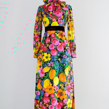 Fabulous Vintage 1960's Citrus Blooms Cotton Gown by Brenner Couture / S