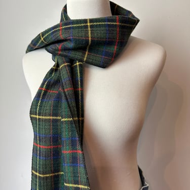 Vintage 1960’s  plaid wool scarf ~ dark green tartan plaid lambswool long thin fall & winter warm scarf 