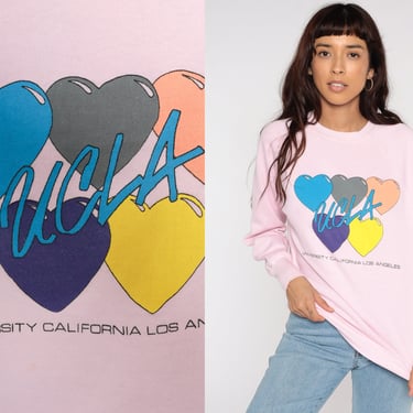 UCLA Sweatshirt 80s University of Los Angeles Shirt Baby Pink Hearts Graphic California College Sweater 1980s Vintage Small S 