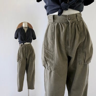worrrn high waist olive trousers - 29 - vintage 90s y2k womens green large pocket pleat pleated front cotton tapered pants 