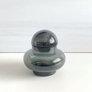 Vintage Hand Blown Murano Italy Hooped Mushroom Art Glass Canister Jar with Lid Smokey GRAY 1970s Modern 