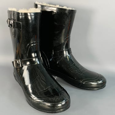 BURBERRY Size 10 Black Rubber Shearling Lined Rain Boots