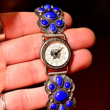 Vintage Liberty 1911 Navajo A. Cadman Sterling Silver Lapis Lazuli Ladies Wrist Watch, Legacy Quartz Automatic Watch, Adjustable Bracelet 