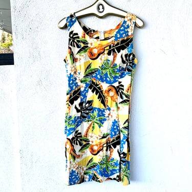 Vintage Hawaiian Ukulele Dress 90s does 40s 50s Hawaii Music Tank Mini Dress Aloha Palm 