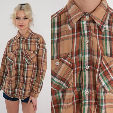 Vintage Flannel Shirt 70s Brown Plaid Button Up Shirt Big Mac Long Sleeve Green Checkered Boyfriend Lumberjack 1970s Men's Large 16 1/2 