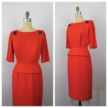 Vintage 1960s wiggle dress, red, peplum waist, size small 