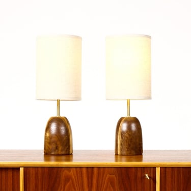 Studio Craft Walnut Conical Table Lamps — Lathe Turned with Brass Detailing — Pair — TL-11 