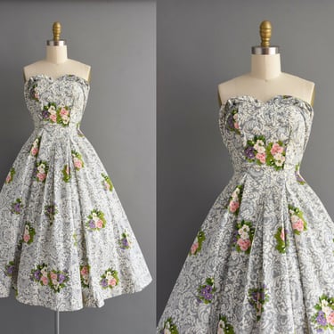 1950s dress | Suzy Perette Strapless Sweeping Full Skirt Bridesmaid Wedding Dress | XS Small | 50s vintage dress 