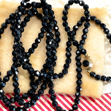 VINTAGE: Old Victorian French Mourning Bead Long Necklace - Jet Black Glass Beaded Necklace - Faceted Beads  SKU 