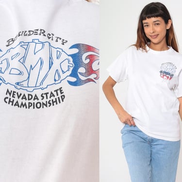 90s Boulder City BMX Shirt Nevada State Championship T-Shirt White Flames Print Streetwear Bike Racing Tee Fruit of the Loom Small Medium 