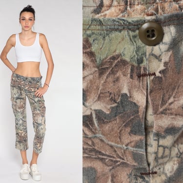 Camo Pants 90s Leaf Print Camouflage Trousers Grunge Punk Cropped Pants Mid Rise Slim Skinny Ankle Pants Brown Vintage 1990s Extra Small xs 
