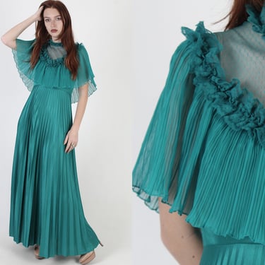 Vintage Teal Chiffon Maxi Dress / Sheer See Through Bodice Dress / 70s Solid Accordion Pleated Capelet / Full Sweeping Floor Length Skirt 