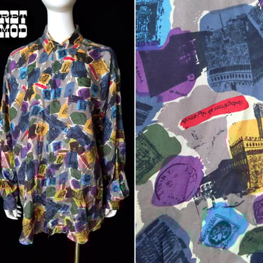 Fabulous Deadstock Vintage 90s Italian Scenes Novelty Print Silk Long Sleeve Collared Shirt 