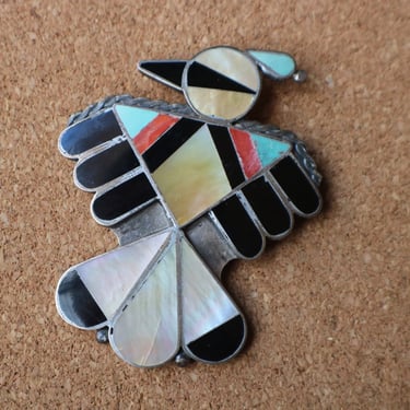 Southwest Multi Stone Brooch / Vintage Thunderbird Pin / Zuni Style Jewelry 