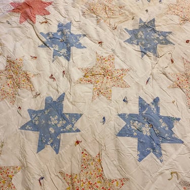 Antique vintage 1930s Handmade 8 point STAR feed sack quilt 