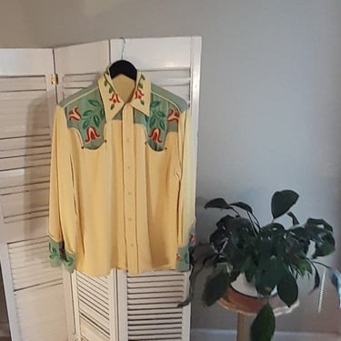 WOW Vintage 30s/40s Gabardine Western Shirt RARE/Custom Made/Smile Pockets/Embroidery/Chain Stitch/Med 