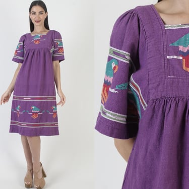 Purple Cotton Guatemalan Dress, Ethnic Embroidered Sundress, Bird Print Kaftan With Pockets 