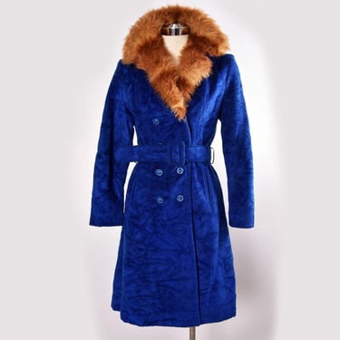 60's Blue Faux Fur Collar MOD Coat Vintage 1960's Hippie 1970's Winter Chenille Overcoat NEW Boho 