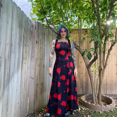 Vintage 1970’s Red and Black Floral Maxi Dress 