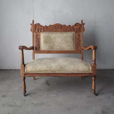 Antique Petite Carved Wood Settee Oversized Chair 