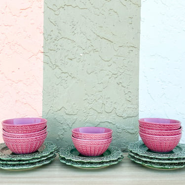 Set of Eight Pink and Green Forever Salad Plates and Bowls