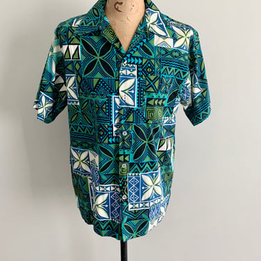 Hukilau Fashions made in Hawaii 1950s cotton floral tiki print shirt-size XL 