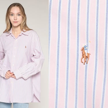 Ralph Lauren Striped Shirt 90s Light Pink Polo Button Up Retro Preppy Collared Shirt Long Sleeve Oxford Button Down Vintage 1990s Large L 