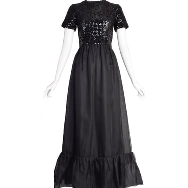 Givenchy Vintage 1970s Gorgeous Black Sequin Chiffon Ruffle Full Length Dress