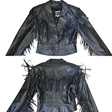 G III 1980s Black Leather Fringe Cropped Jacket I Sz Med 