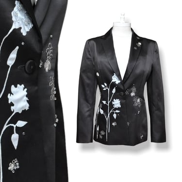 Vintage Moschino Black Satin One Button Blazer with Floral Beaded Designs Size 6/8 made in Italy 