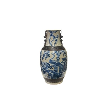 Vintage Chinese Crackle Ceramic Blue White Flower Birds Vase ws3779E 
