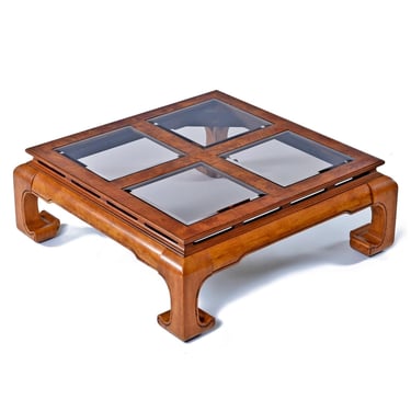 Large Square Burl Mahogany Chinoiserie Asian Inspired Coffee Table Recessed Glass Inserts 