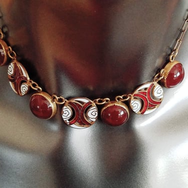 Vintage Enamel & Glass Choker~Vintage Necklace w/ Brass Chain~Handmade Brass Chain Links~7 Pendants Red Glass/Enamel~JewelsandMetals 