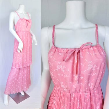 1970's Pink Plisse Pleat Long Tired Maxi Dress I Sz Med I University Park 